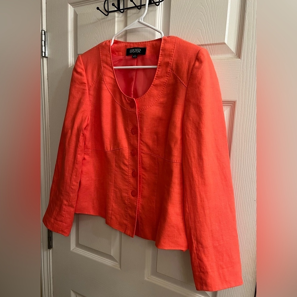 KASPER~100% LINEN~CROPPED BLAZER~CORAL~12 - Picture 3 of 10